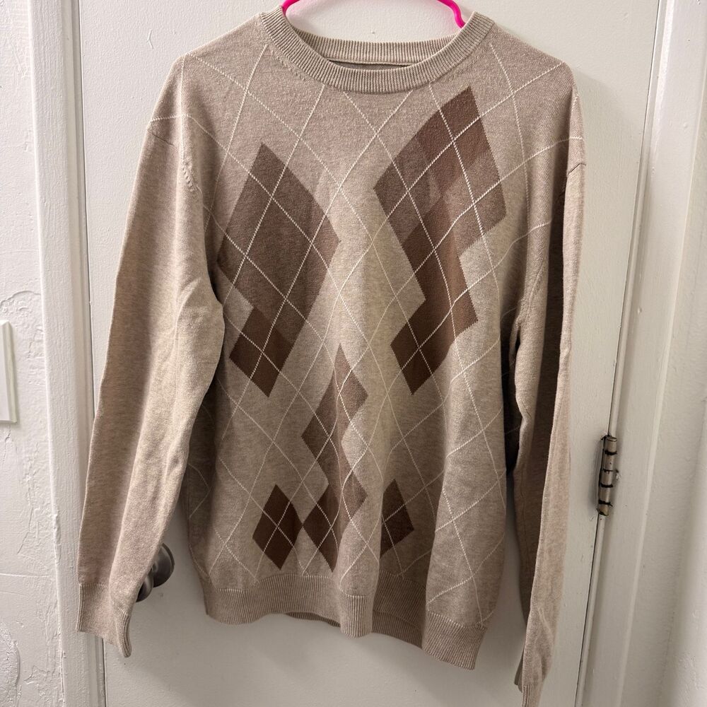 Perry Ellis Men L Pullover Sweater Argyle Beige Brown